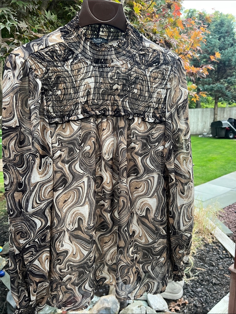 Smocked High-Neck Swirl-Print Blouse — Brown Multi